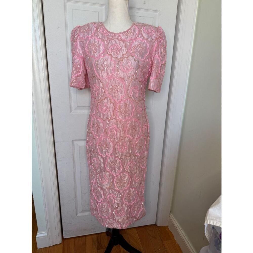 1980s/ 90s Beaded Sequined Barbiecore Midi Prom Evening Dress by Carina